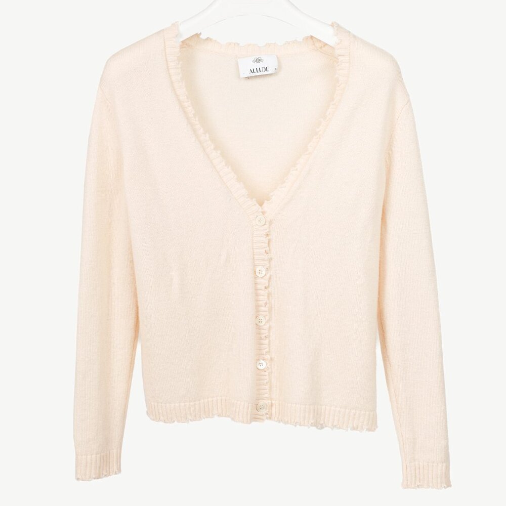Allude Cream Wool & Cashmere Distressed V-Neck Cardigan